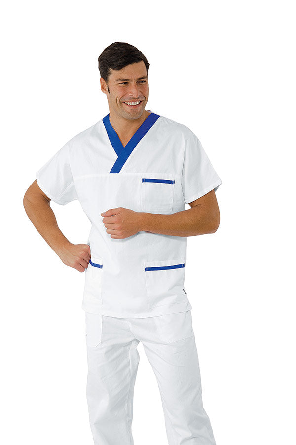 Casacca Collo A V Bianca Profilata Blu Cina Unisex