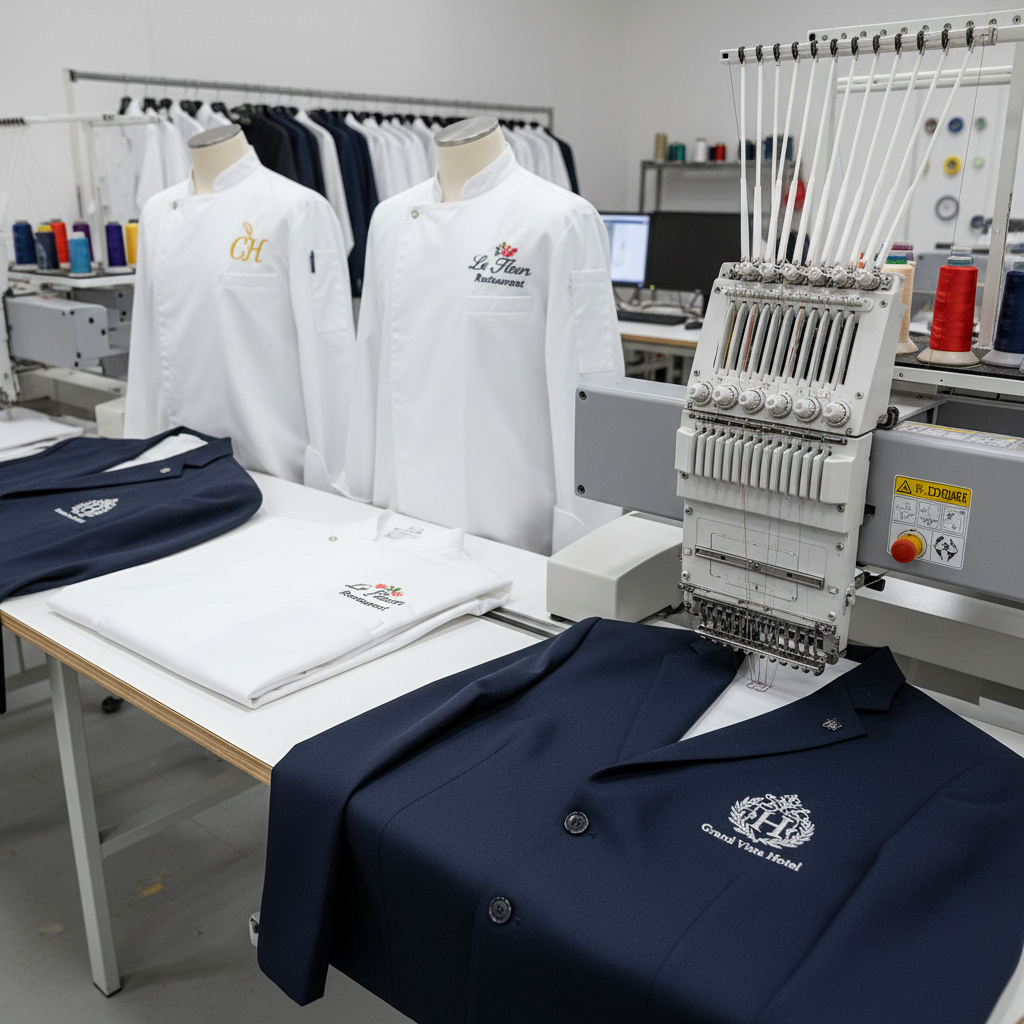 maglia blu con ricamo hotel personalizzato su macchina da ricamo in laboratorio di abbigliamento
