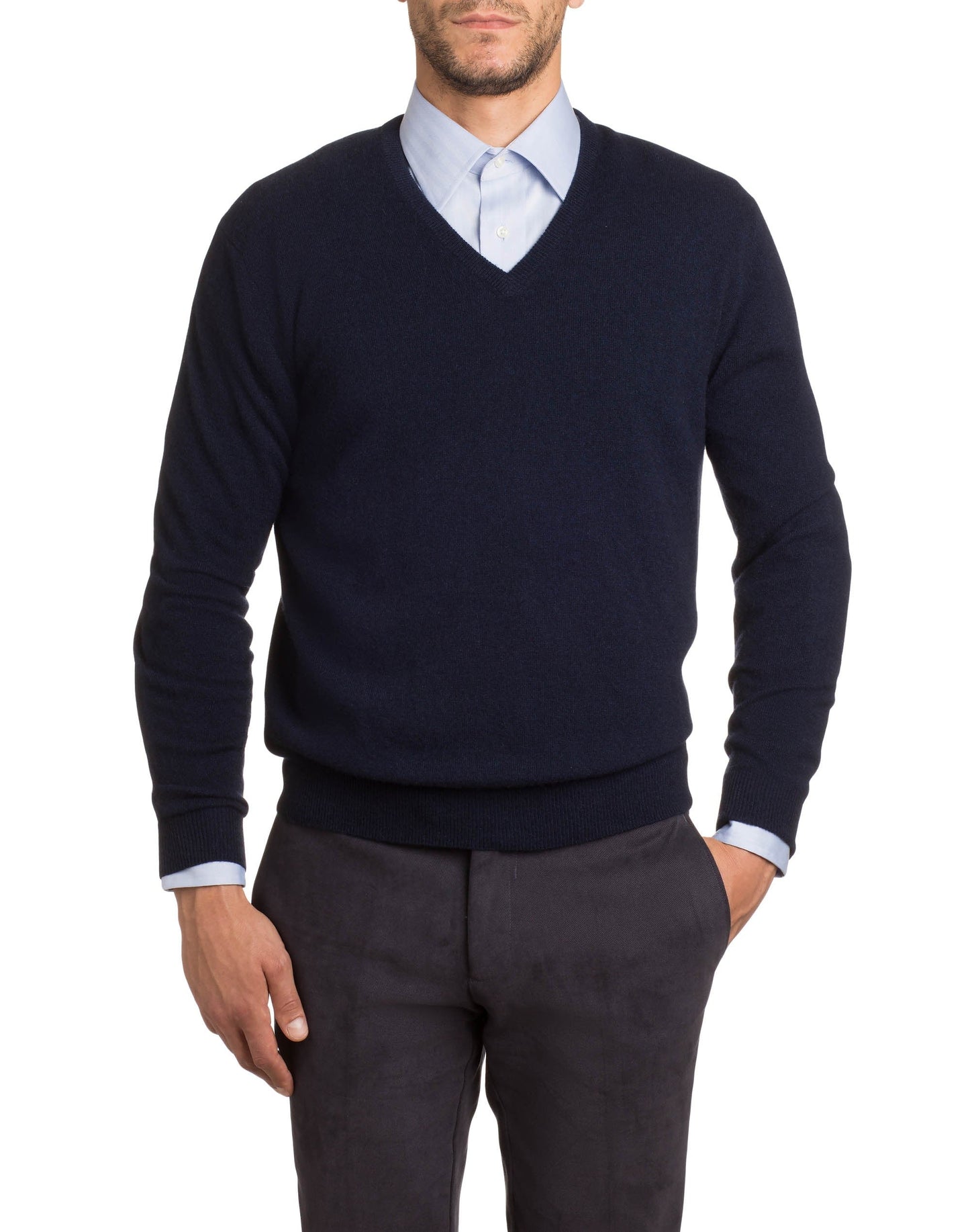 Maglione blu scollo a V misto lana