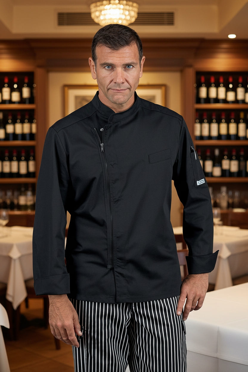 Giacca cuoco Bilbao Isacco bianca indossata da chef professionista in cucina moderna