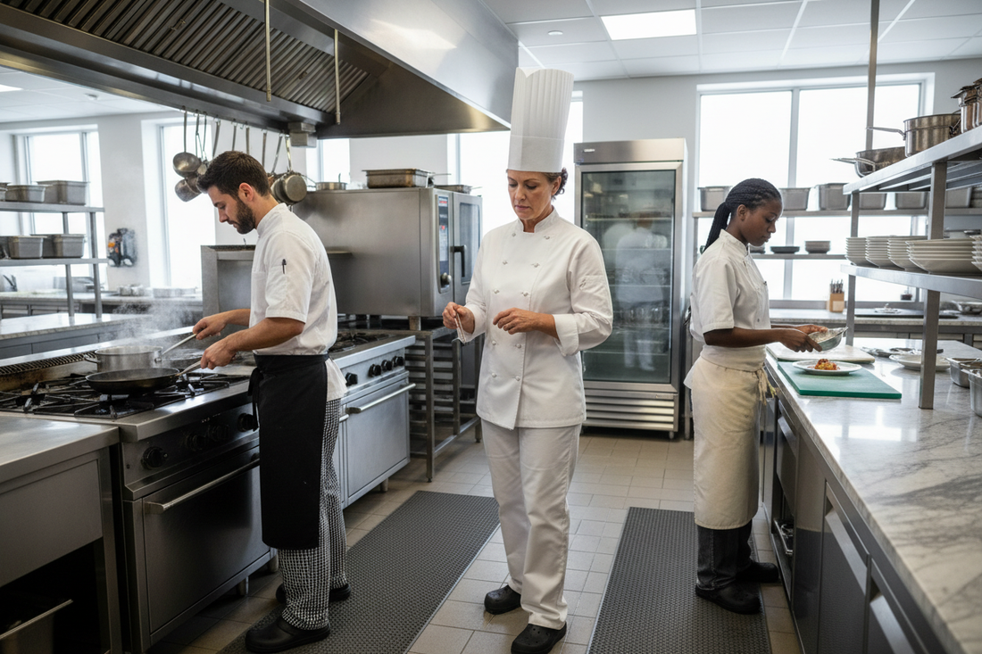 Chef professionisti in cucina con divise complete Chef Line: giacche bianche, pantaloni gessati e cappelli da cuoco Made in Italy