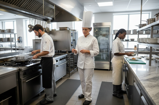 Chef professionisti in cucina con divise complete Chef Line: giacche bianche, pantaloni gessati e cappelli da cuoco Made in Italy