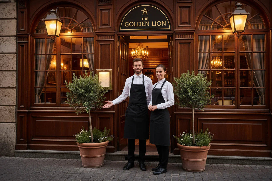 Due camerieri in divisa nera davanti all'ingresso elegante del ristorante The Golden Lion con piante in vaso