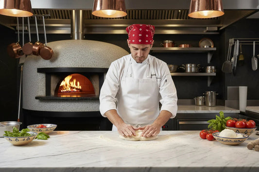 Pizzaiolo con bandana rossa impasta la pizza davanti a forno a legna acceso in cucina professionale