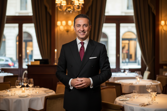 Maître professionista in divisa elegante nera con cravatta bordeaux in ristorante di lusso - Divise & Divise Made in Italy