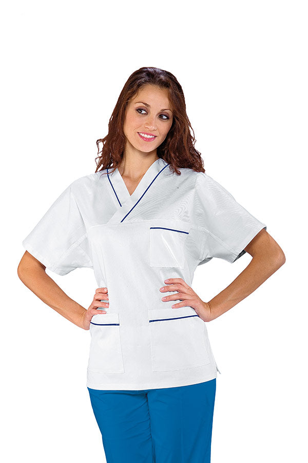 Casacca Infermiere Con Collo A V Bianca Profilata Blu Cina