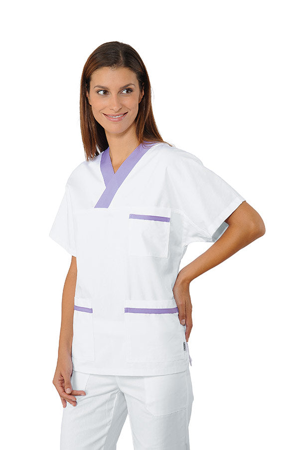 Casacca Infermiere Isacco Collo A V Bianca Profilata Lilla Unisex