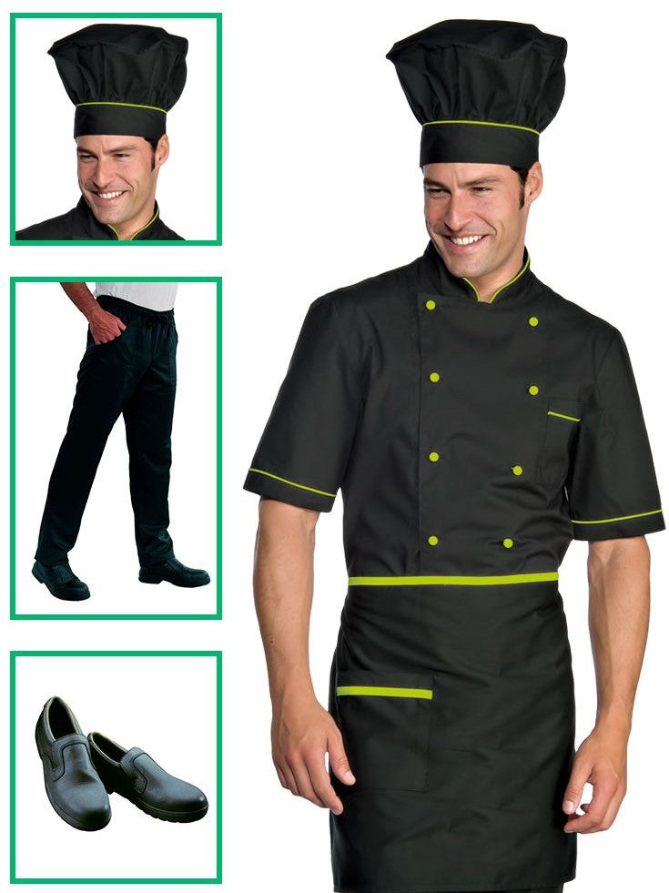 Divisa cuoco completa - giacca Alicante in nero dettagli in verde mela