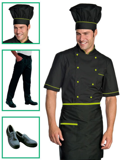 Divisa cuoco completa - giacca Alicante in nero dettagli in verde mela