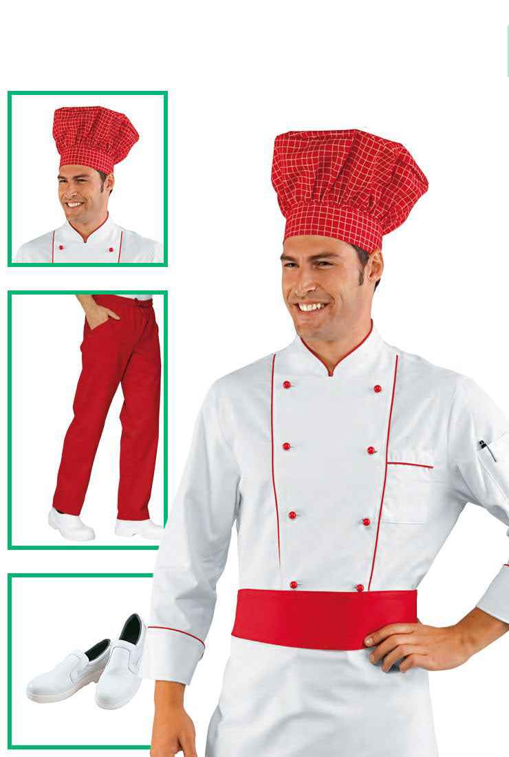 Divisa Cuoco Completa Red Chef | Giacca Bianca Rossa + Pantalone + Cappello + Scarpe