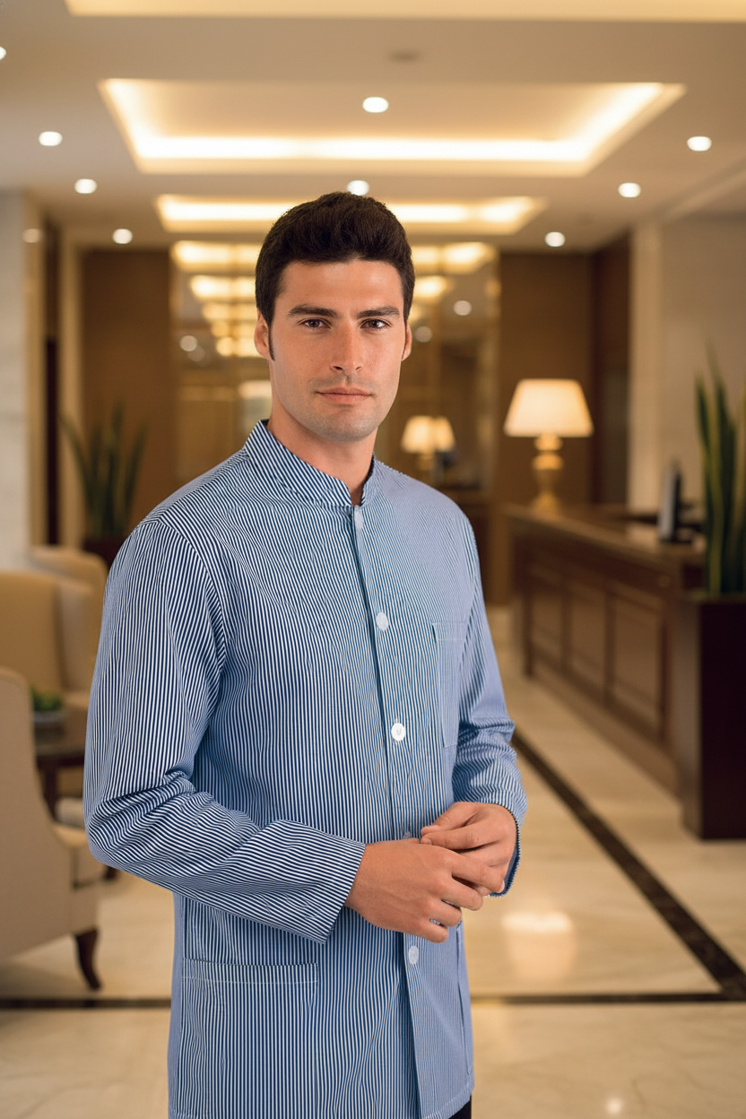 Giacca Cameriere Coreana Facchino Albergo - Righe Bianco Blu 100% Cotone