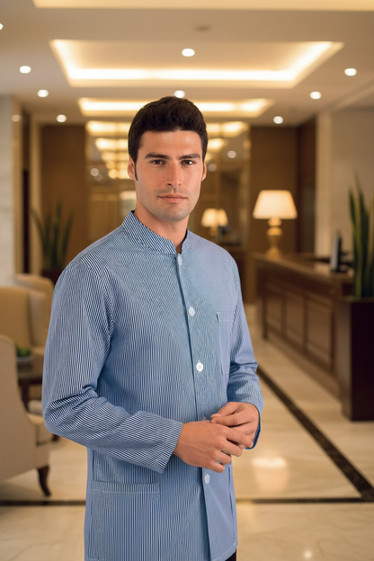 Giacca Cameriere Coreana Facchino Albergo - Righe Bianco Blu 100% Cotone