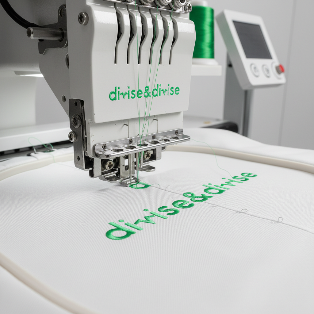 Macchina da ricamo professionale che personalizza una giacca bianca con logo aziendale - Servizio personalizzazione divise Divise & Divise
