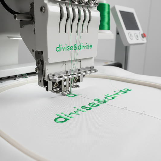 Macchina da ricamo professionale che personalizza una giacca bianca con logo aziendale - Servizio personalizzazione divise Divise & Divise
