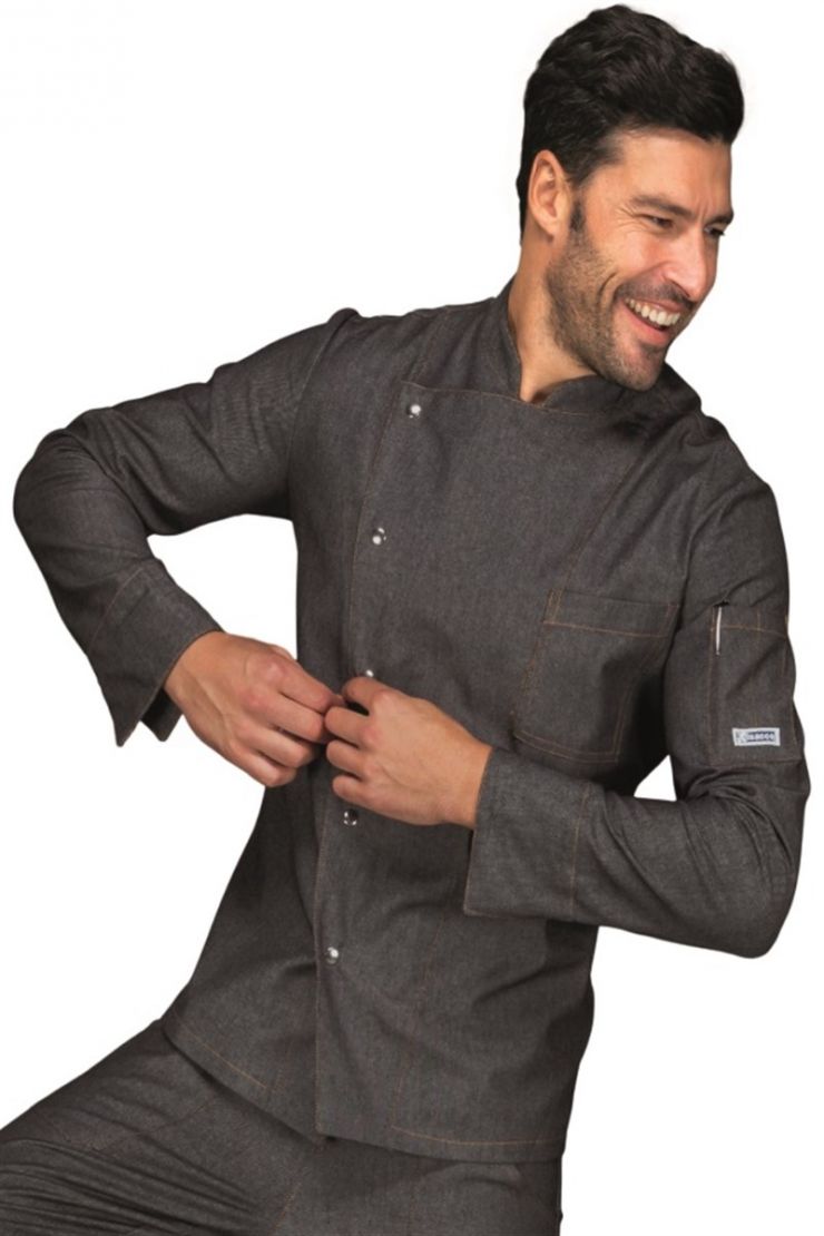 Camicia da Chef Denim Giacca da Cuoco a Manica Corta con Tasca Sul Petto 